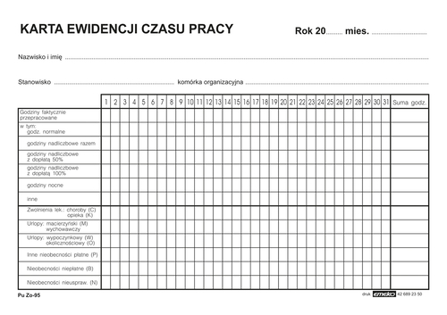 Druk Karta ewidencji czasu pracy Zo-95 A5 -138944